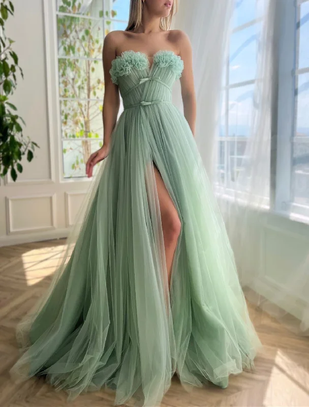 A-Line Evening Gown Floral Dress Formal Wedding Guest Court Train Sleeveless Strapless Tulle with Bow(s) Slit Tunics Hiking breathable A-Line Evening Gown Floral Dress Formal Wedding Guest Court Train Sleeveless Strapless Tulle with Bow(s) Slit Tunics Hiking breathable