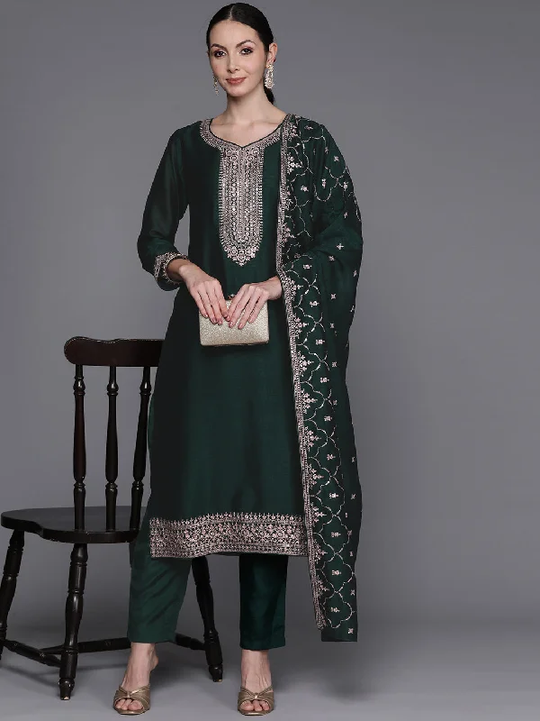Women's Green Embroidered Straight Kurta Trousers With Dupatta Set - Indo Era Trousers luxurious high-end