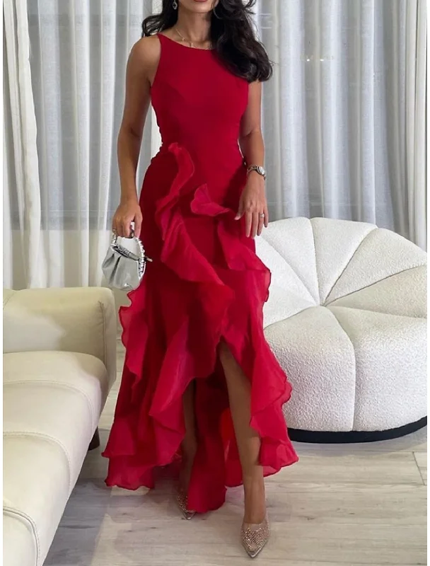 A-Line Evening Gown Elegant Dress Formal Ankle Length Christmas Red Green Dress Sleeveless Scoop Neck Stretch Chiffon with Ruffles Slit Turtleneck Warm Winter A-Line Evening Gown Elegant Dress Formal Ankle Length Christmas Red Green Dress Sleeveless Scoop Neck Stretch Chiffon with Ruffles Slit Turtleneck Warm Winter