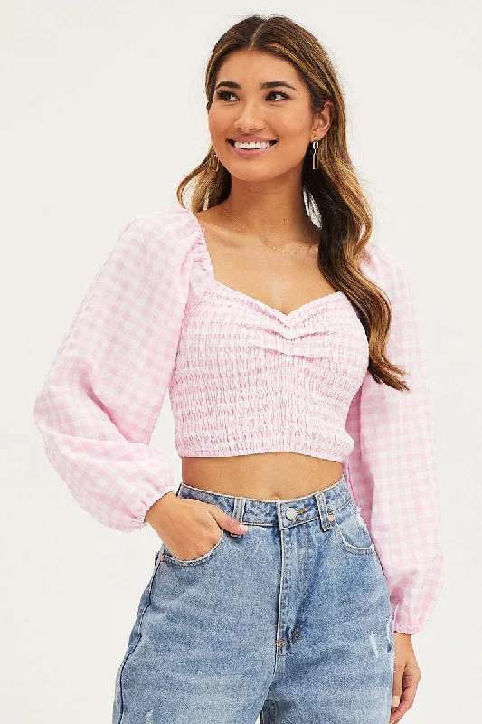 Check Crop Top Long Sleeve Chenille Blend Fleece Blend Nylon Blend
