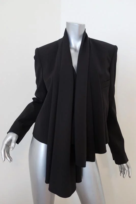 Tibi Cropped Scarf Blazer Black Tropical Wool Size 6 Open Front Jacket Trench Coat Raincoat Waterproof Jacket