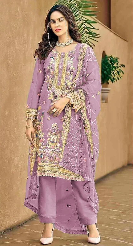 Women's Purple Organza Silk Embroidered With Handwork Kurta With Trouser & Dupatta - Jyoti Fashion Wide Leg Loose Fit Mid Waist