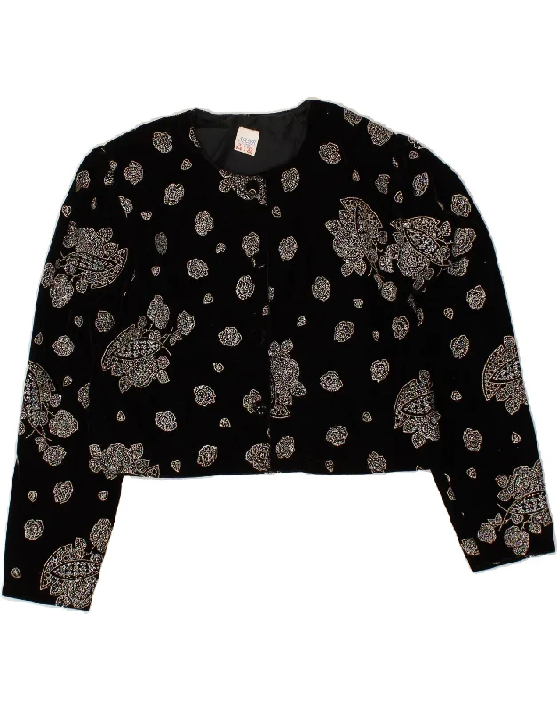 VINTAGE Womens Bolero Jacket UK 14 Large Black Floral Polyester Denim Jacket Leather Jacket Suede Jacket