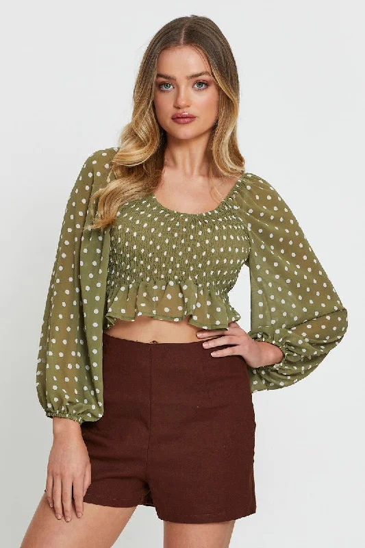 Polka Dot Crop Top Long Sleeve Striped Floral Plaid