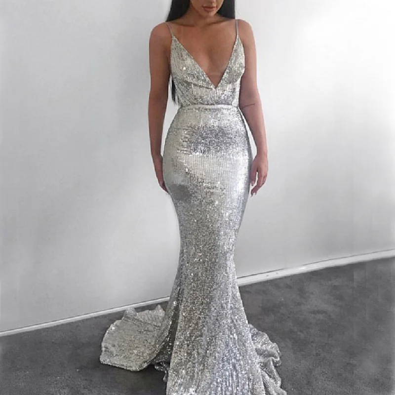 Sexy Mermaid Deep V-neck Silver Sequin Prom Dresses, FC804 Tunic Top Casual