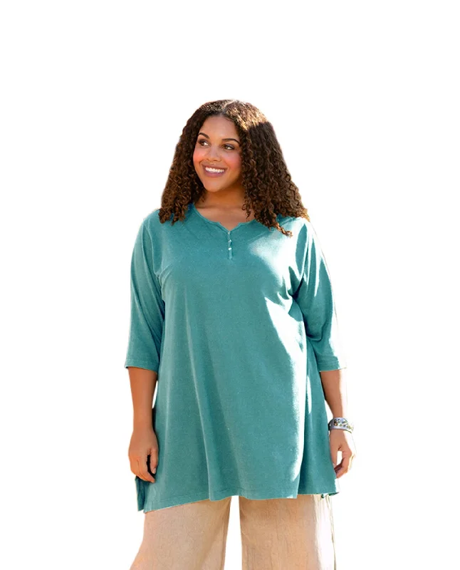 On The Plus Side Plus Size Jersey Henley 3/4 Sleeve Tunic Cotton Jersey Tee