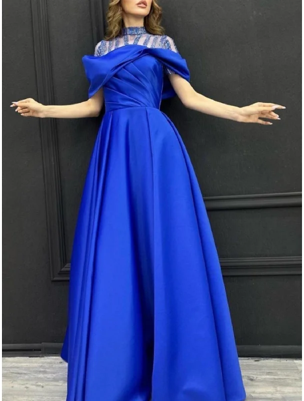 A-Line Evening Gown Elegant Dress Formal Sweep / Brush Train Short Sleeve High Neck Satin with Pleats Crystals Tunics Stylish modern A-Line Evening Gown Elegant Dress Formal Sweep / Brush Train Short Sleeve High Neck Satin with Pleats Crystals Tunics Stylish modern