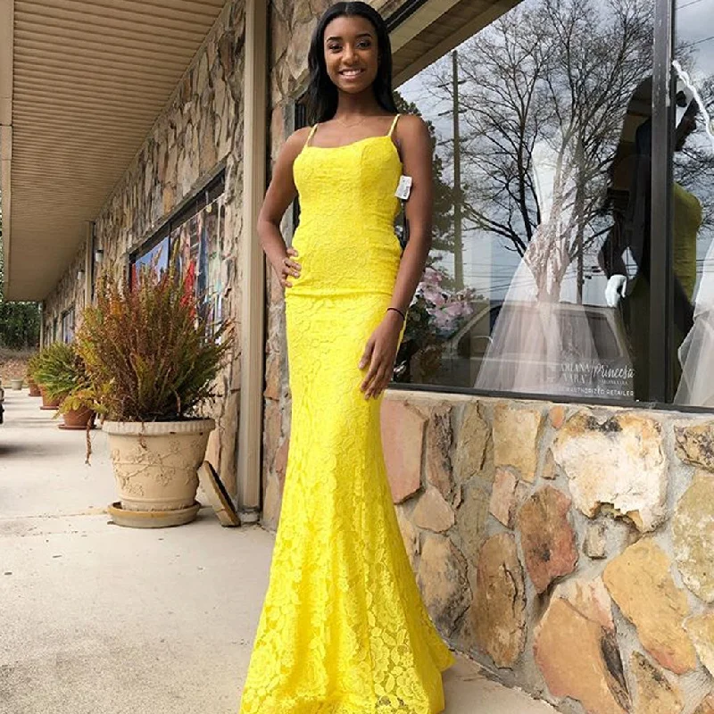 Spaghetti Straps Yellow Mermaid Lace Backless Prom Dresses, FC2439 Floral Print girly