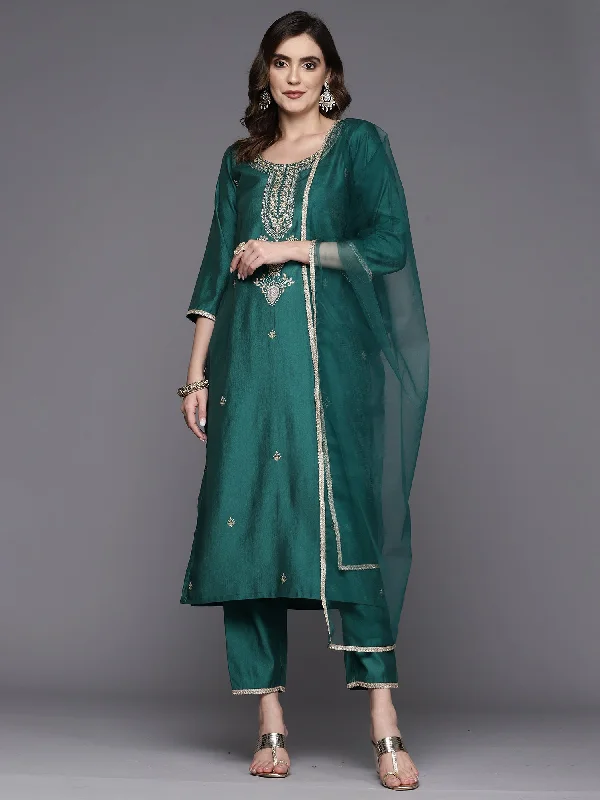 Women's Teal Embroidered Straight Kurta Trousers With Dupatta Set - Indo Era Trousers trendy modern