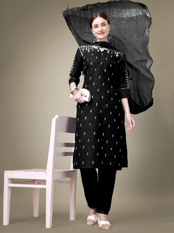 Women's Black Cotton Blend Embroidery & Sequence Work Kurta With Trouser & Dupatta - Jyoti Fashion Trousers Travel Practical