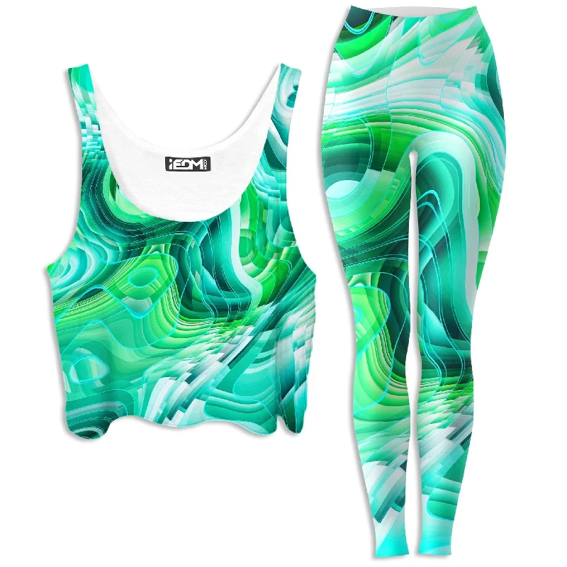 Green Schism Crop Top and Leggings Combo Rayon Fabric Velvet Fabric Corduroy Fabric