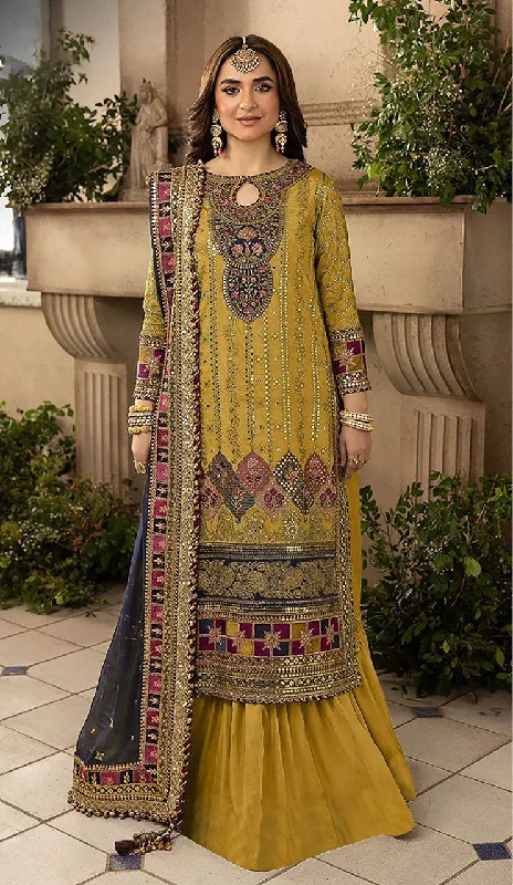 Women's Mustard Organza Embroidered Kurta With Trouser & Dupatta - Jyoti Fashion Trousers Culottes Wide Leg
