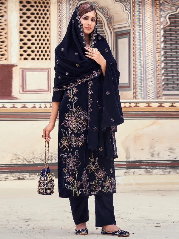 Women's Navy Blue Velvet Resham Thread With Jari & Sequin Kurta With Trouser & Dupatta - Jyoti Fashion Trousers Wedding White
