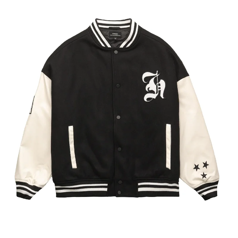 HOMME+ Wool Varsity Jacket Black/White Snapped Jacket Toggled Jacket Drawstring Jacket