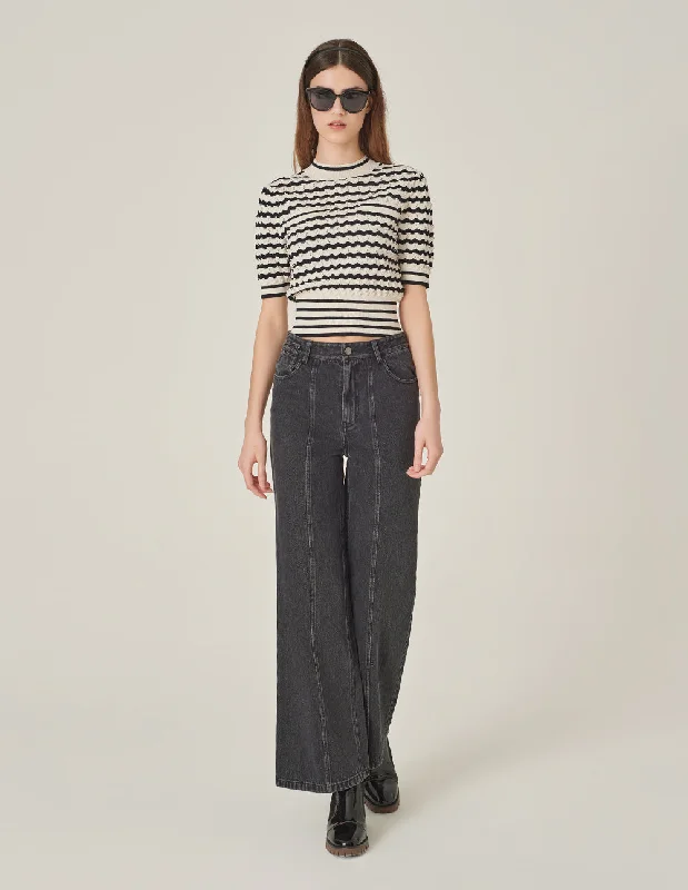 MARYLING Black And White Contrast Crew Neck Knitted Sweater Welt Pockets Slit Pockets Flap Pockets