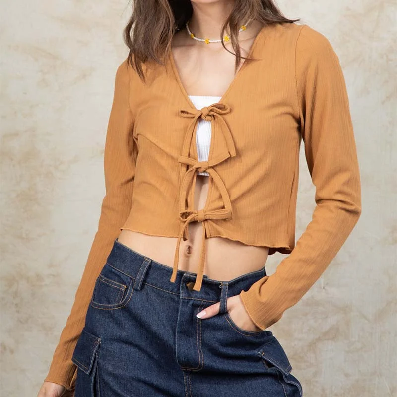 Tie Front Long Sleeve Crop Top Notch Collar Peter Pan Collar Cowl Neck