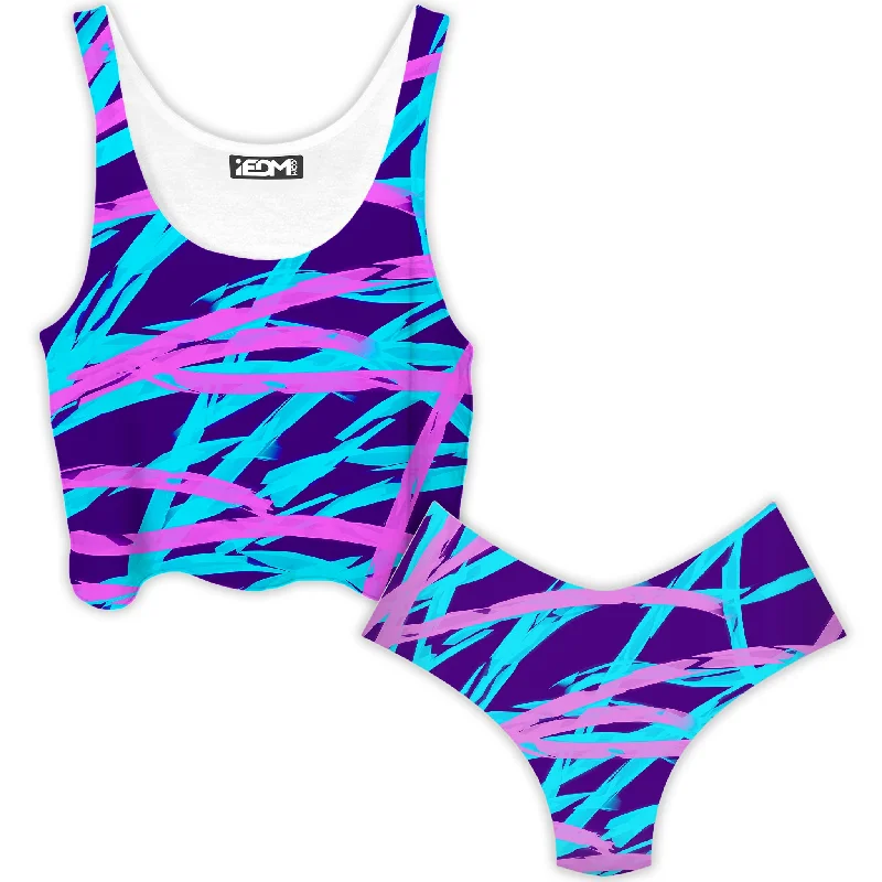 Purple and Blue Rave Abstract Crop Top and Booty Shorts Combo Asymmetrical Pockets Print