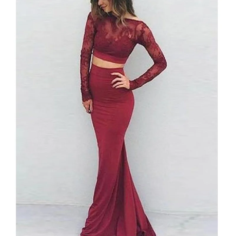 Two Pieces Lace Mermaid Long Sleeve Open-Back Sxey Jersey Prom Dresses, FC721 Boatneck Modish Everyday