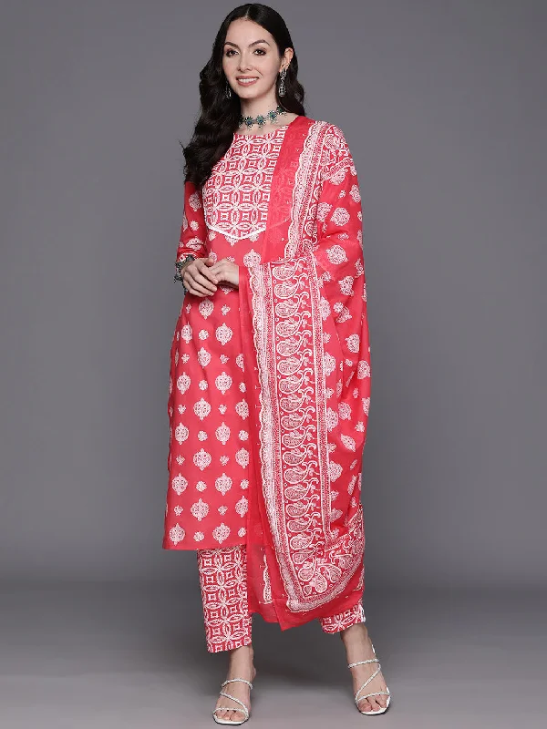 Women's Pink Printed Straight Kurta Trousers With Dupatta Set - Indo Era Chinos Cotton Straight Leg