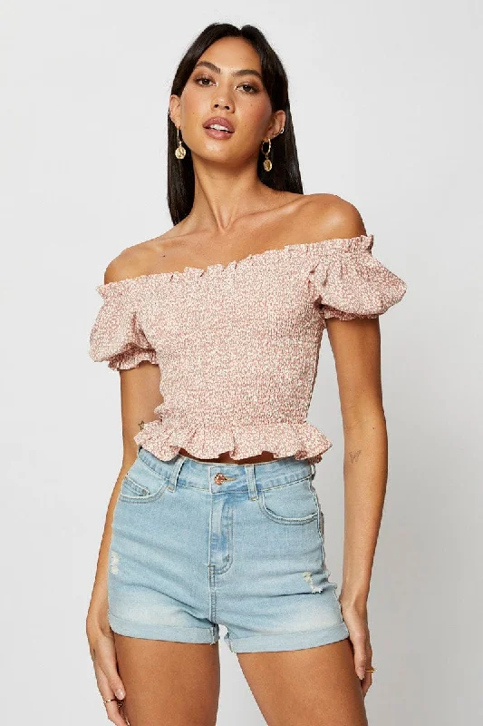 Geo Print Crop Top Short Sleeve Off Shoulder Handmade Hand-knitted Hand-woven