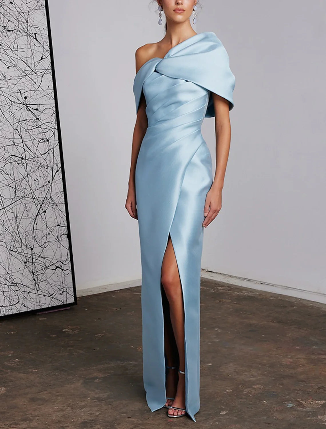 Sheath / Column Evening Gown Elegant Dress Formal Wedding Floor Length Sleeveless One Shoulder Satin with Ruched Slit Maxi Flowy Bohemian