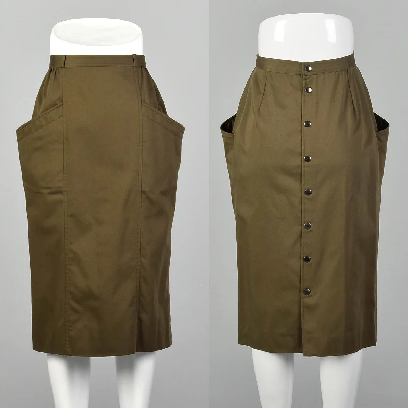 XS Rodier 1970s Green Twill Pencil Skirt With Large Pockets And Snap Up Back pencil skirt chic