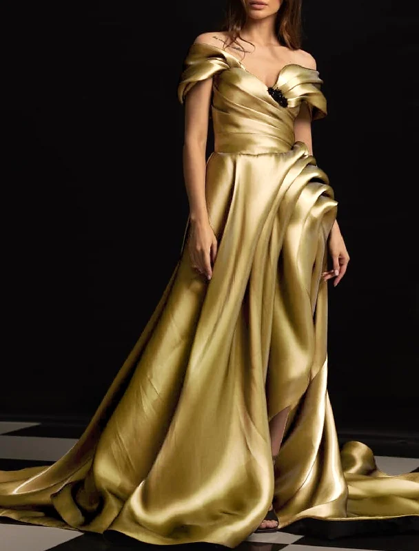 A-Line Evening Gown Sparkle & Shine Dress Formal Wedding Reception Chapel Train Sleeveless Off Shoulder Satin with Ruched Slit empire Waist empire A-Line Evening Gown Sparkle & Shine Dress Formal Wedding Reception Chapel Train Sleeveless Off Shoulder Satin with Ruched Slit empire Waist empire