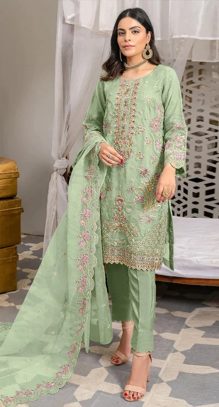 Women's Sea Green Organza Embroidered With Khatli Work Kurta With Trouser & Dupatta - Jyoti Fashion Trousers fashionable chic