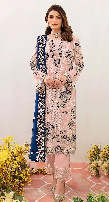 Women's Peach Faux Georgette Embroidered With Diamonds Work Kurta With Trouser & Dupatta - Jyoti Fashion Trousers Elastic Waist Soft