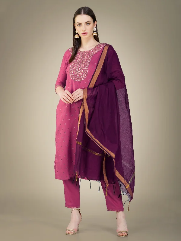 Women's Onion Cotton Magic Slub Embroidery & Sequence Work Kurta With Trouser & Dupatta - Jyoti Fashion Trousers Print Floral