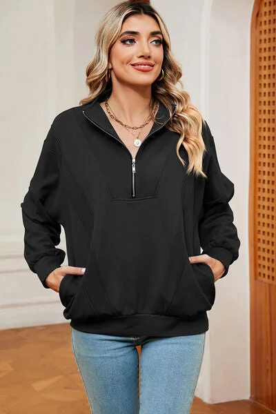 Lemon Half Zip Dropped Shoulder Sweatshirt Hoodie with Hem Raw Edge Edgy Unfinished