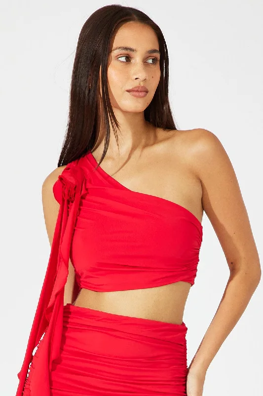 Red Crop Top One Shoulder Rose Ruffle Flower Collared Crop Top Boat Neck A-Line