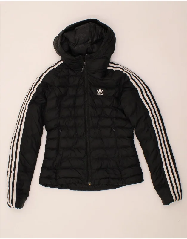 ADIDAS Womens Hooded Padded Jacket UK 6 XS Black Polyester Belted Jacket Elasticated Jacket Padded Jacket