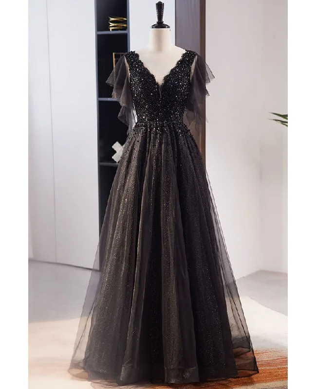 Unique and beautiful black beaded short sleeved sequin ball dress with black A-shaped princess V-neck backless chiffon and floor length evening dress A-Line Day Work Unique and beautiful black beaded short sleeved sequin ball dress with black A-shaped princess V-neck backless chiffon and floor length evening dress A-Line Day Work