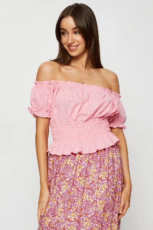 Pink Crop Top Off Shoulder Chenille Brocade Lace