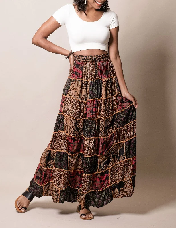 Gujarati Patchwork Skirt - Black Multi floral skirt print