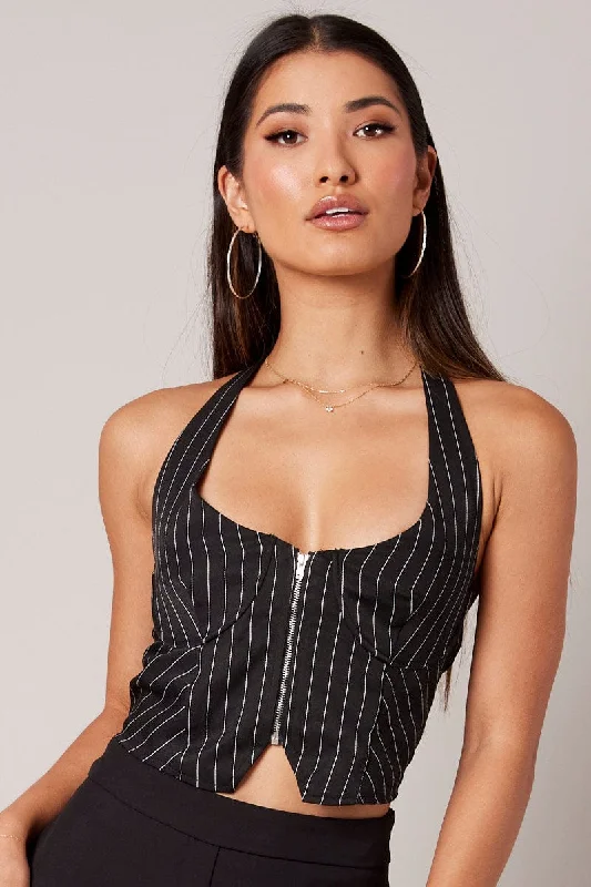 Black Stripe Halter Top Underwire Pinstripe Crop Top Lace Blend Ribbed Blend Corduroy Blend