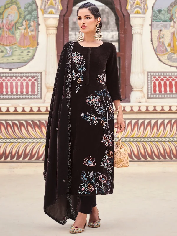 Women's Brown Velvet Resham Thread With Jari & Sequin Kurta With Trouser & Dupatta - Jyoti Fashion Trousers Evening Elegant