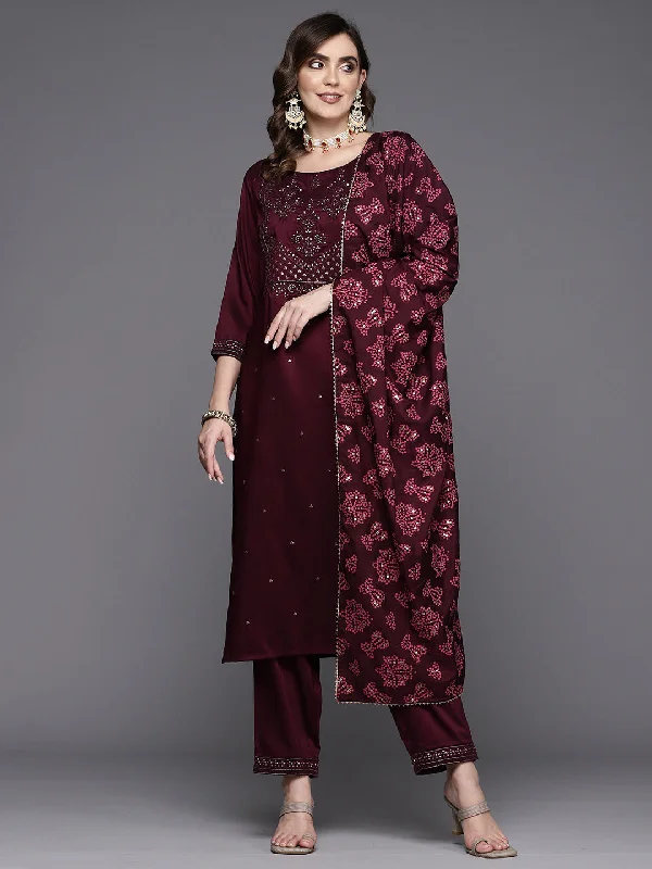 Women's Wine Embroidered Straight Kurta Trousers With Dupatta Set - Indo Era Wide Leg Loose Fit Mid Waist