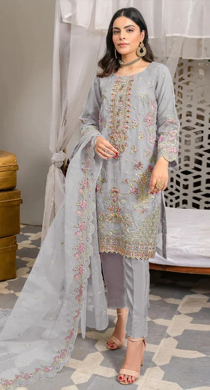 Women's Grey Organza Embroidered With Khatli Work Kurta With Trouser & Dupatta - Jyoti Fashion Trousers cozy soft