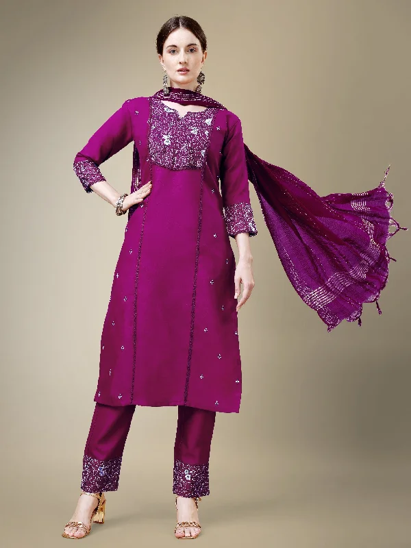 Women's Purple Cotton Blend Embroidery & Fancy Lace Work Kurta With Trouser & Dupatta - Jyoti Fashion Trousers Silk Elegant