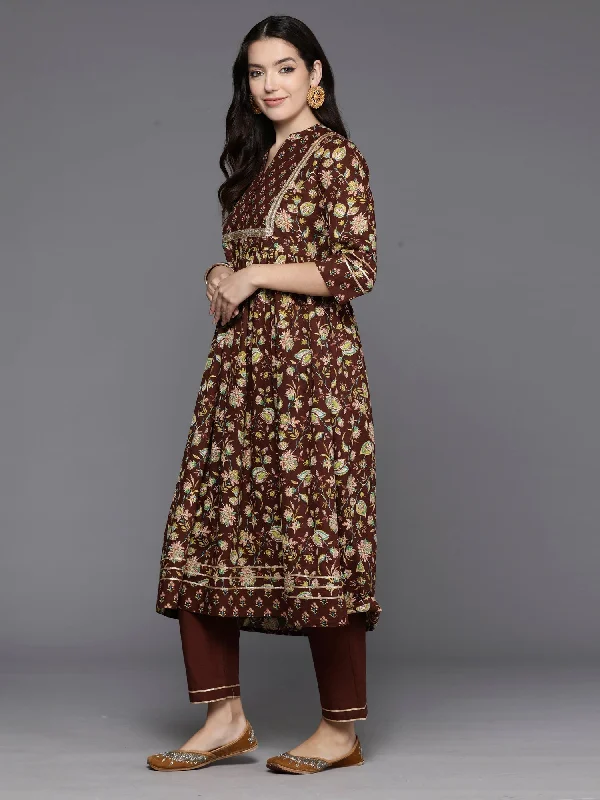 Women's Brown Printed A-Line Kurta Trousers With Dupatta Set - Indo Era Trousers Velvet Soft