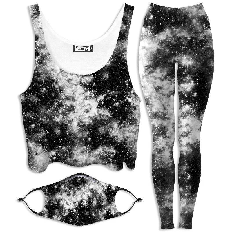 Deep Dark Galaxy Crop Top and Leggings with PM 2.5 Face Mask Combo Notch Collar Peter Pan Collar Cowl Neck