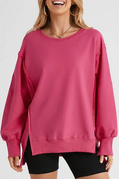 Blaine Slit Exposed Seam Round Neck Sweatshirt Hoodie with Hem Patch Decorative Personalized
