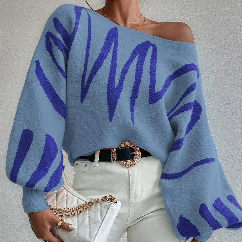 Loose Knit Geometric Pattern Sweater - Blue Oversized Loose Flowy