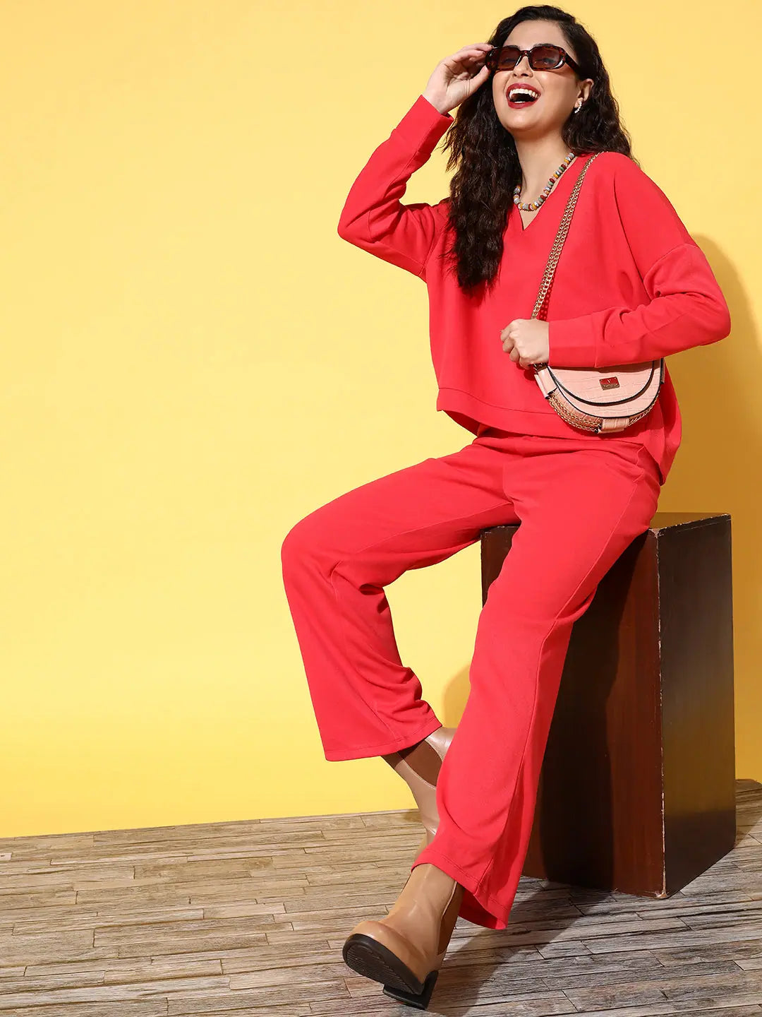 Women Red Rib V-Neck High-Low Sweater Top Ribbed Striped Patterned