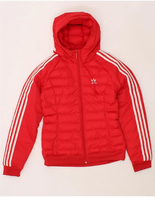 ADIDAS Womens Hooded Padded Jacket UK 10 Small  Red Polyester Hooded Jacket Caped Jacket Shawl Collar Jacket