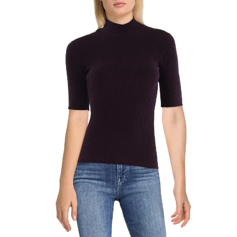 Womens Ribbed Knit Short Sleeve Funnel-Neck Sweater Graphic Sweater Embroidered Appliqued
