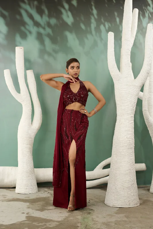 Burgundy Halter Top And Skirt Set wool skirt warm