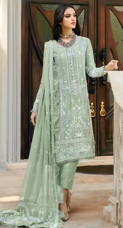 Women's Sea Green Georgette Embroidered With Handwork Kurta With Trouser & Dupatta - Jyoti Fashion Trousers Solid Black